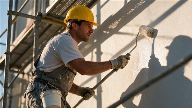 Pintor profesional aplicando pintura con rodillo en la fachada de un edificio en Narón