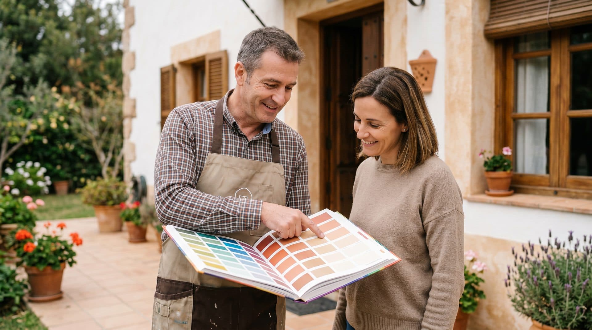 Pintor mostrando muestras de color para asesorar sobre la pintura de una fachada en Narón