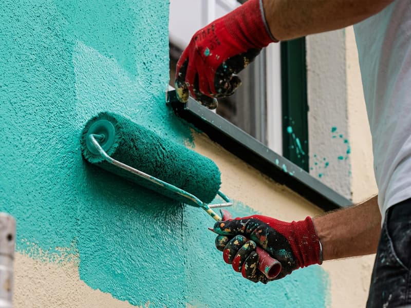 Pintor experimentado trabajando en la pintura exterior de una vivienda en Narón