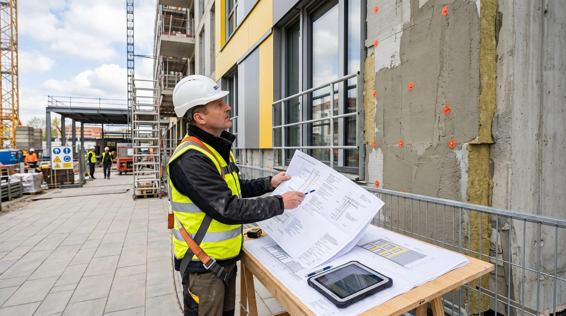 Técnico estudiando el aislamiento de la fachada de un edificio en Narón