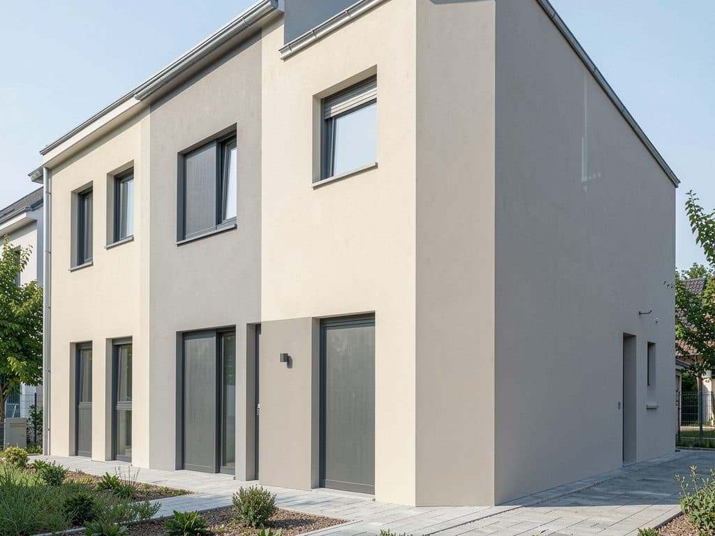 Fachada de vivienda con sistema de aislamiento térmico SATE recién instalado en Narón
